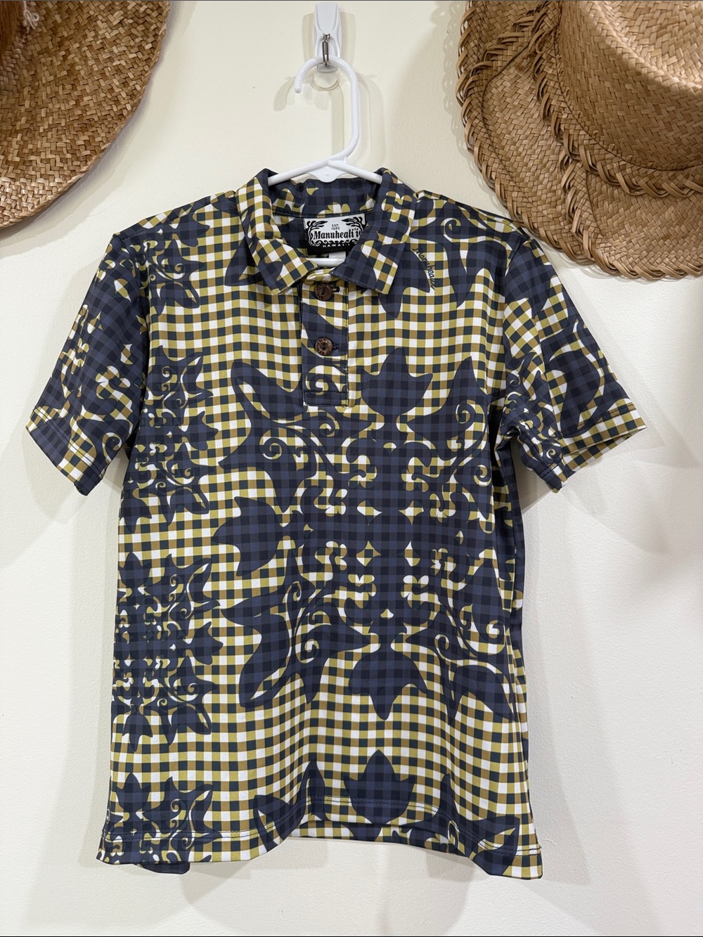 Manuhealii Short-Sleeve Polo in Yellow and Black Gingham with Floral Overlay